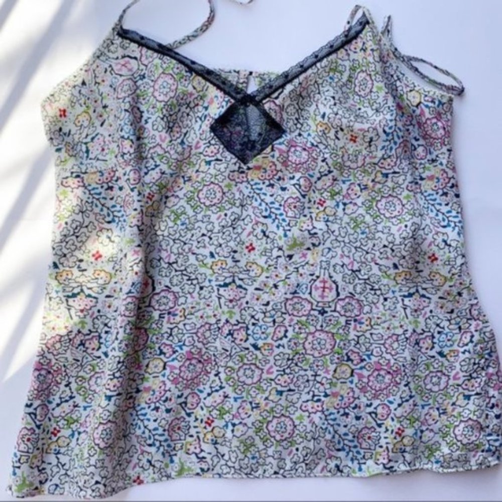 Calvin Klein 100% Silk Floral Print Tank Top Ajustable Straps Lace Detail Small